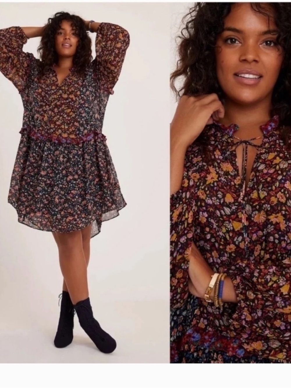 Anthropologie Helene Floral Long-Sleeve Tunic Dress in Black Multi‎ flower